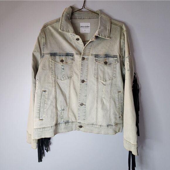 CHELSEA DEBOER by Lily Lottie Denim Jacket Women's S Distressed Studded Tassels - Picture 1 of 6